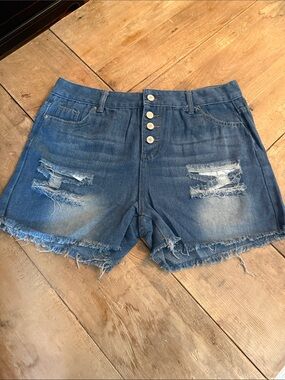 High-Rise Distressed Denim Shorts in Blue